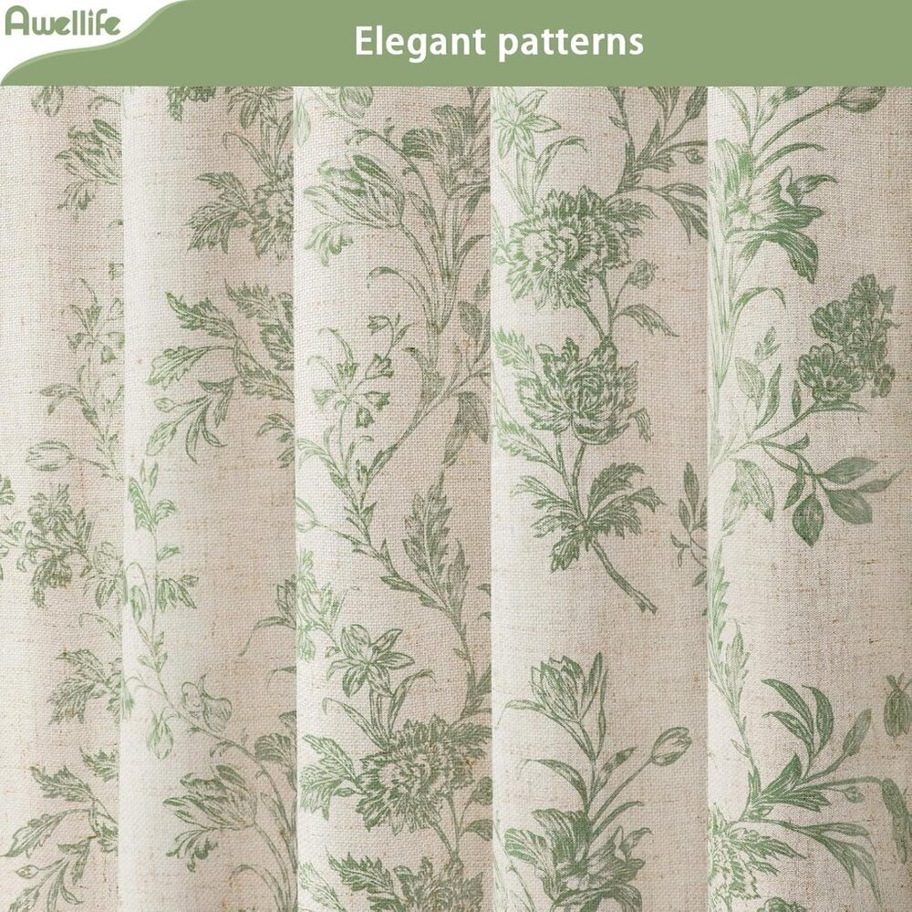 Beige Linen Shower Curtain,Sage Green Cotton Floral Cottagecore Spring Shower Cu - Picture 3 of 6
